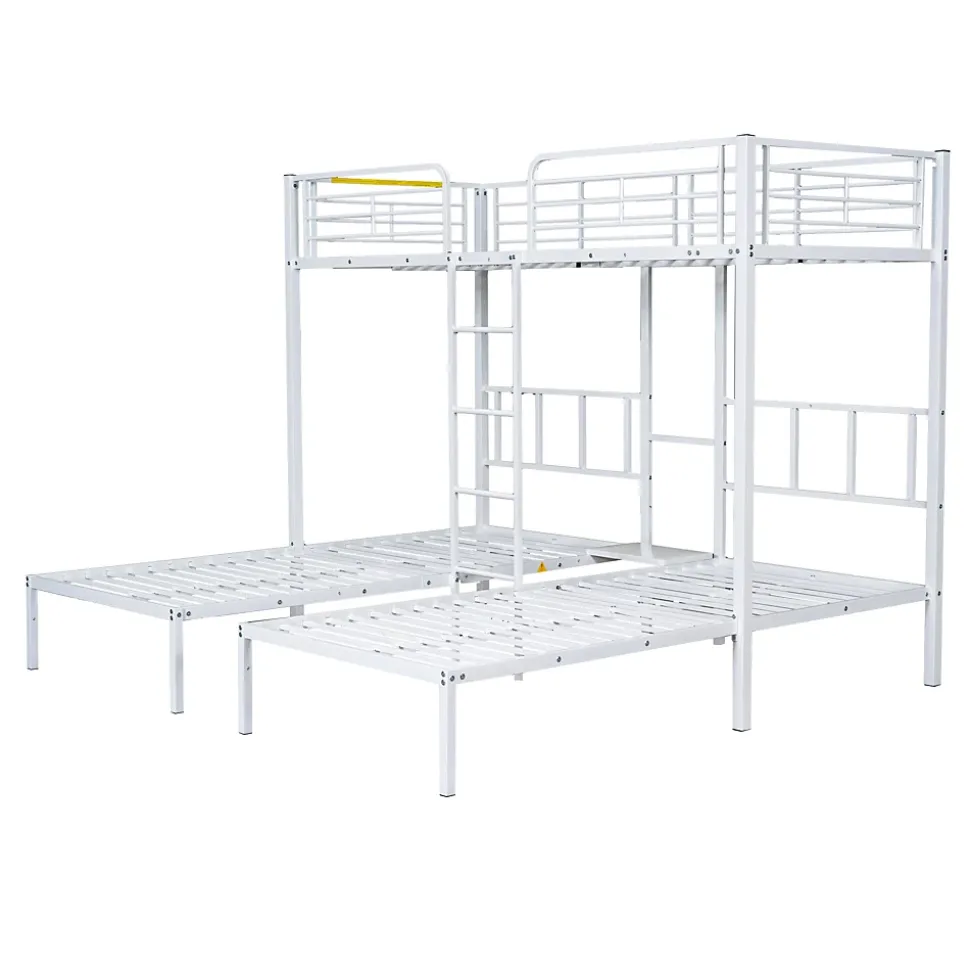 Lit superposé 90x200 cm, 3 lits, échelle, table, cadre métal, blanc
