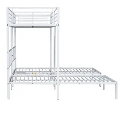 Lit superposé 90x200 cm, 3 lits, échelle, table, cadre métal, blanc