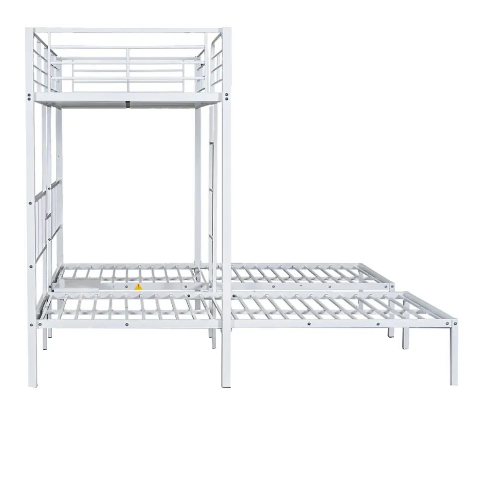 Lit superposé 90x200 cm, 3 lits, échelle, table, cadre métal, blanc