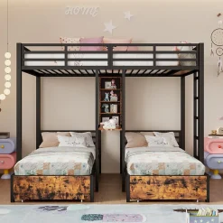 Lit superposé 140x200 cm + 90x200 cm - Lit avec rangement avec 2 tiroirs- Métal et MDF - Facile à monter - Sans matelas - Noir