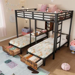 Lit superposé 140x200 cm + 90x200 cm - Lit avec rangement avec 2 tiroirs- Métal et MDF - Facile à monter - Sans matelas - Noir