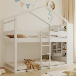 Lit superposé 90x200 cm avec 2 tiroirs - avec compartiments de rangement - avec sommier à lattes - blanc (sans matelas)