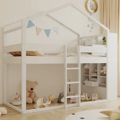 Lit superposé 90x200 cm avec 2 tiroirs - avec compartiments de rangement - avec sommier à lattes - blanc (sans matelas)