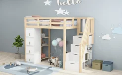 Lit superposé 90x200 cm avec 4 tiroirs et échelle sécurisée en bois massif, gain de place chambre enfant