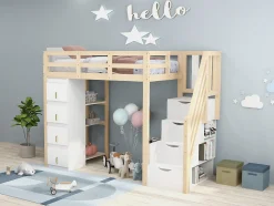 Lit superposé 90x200 cm avec 4 tiroirs et échelle sécurisée en bois massif, gain de place chambre enfant