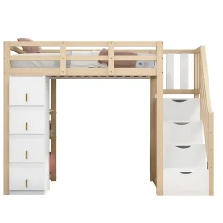 Lit superposé 90x200 cm avec 4 tiroirs et échelle sécurisée en bois massif, gain de place chambre enfant