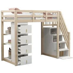 Lit superposé 90x200 cm avec 4 tiroirs et échelle sécurisée en bois massif, gain de place chambre enfant