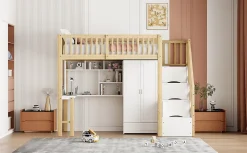 Lit superposé 90x200 cm avec armoire et bureau intégrés, structure bois massif blanc/naturel, gain de place