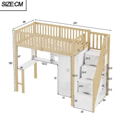 Lit superposé 90x200 cm avec armoire et bureau intégrés, structure bois massif blanc/naturel, gain de place