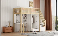 Lit superposé 90x200 cm avec armoire et bureau intégrés, structure bois massif blanc/naturel, gain de place