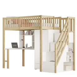 Lit superposé 90x200 cm avec armoire et bureau intégrés, structure bois massif blanc/naturel, gain de place