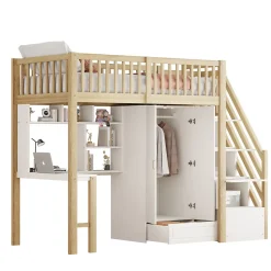 Lit superposé 90x200 cm avec armoire et bureau intégrés, structure bois massif blanc/naturel, gain de place