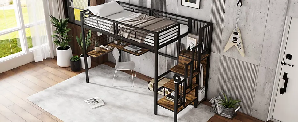 Lit superposé 90x200 cm avec armoire intégrée et échelle latérale, structure métal et MDF, noir/noyer foncé