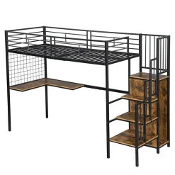 Lit superposé 90x200 cm avec armoire intégrée et échelle latérale, structure métal et MDF, noir/noyer foncé