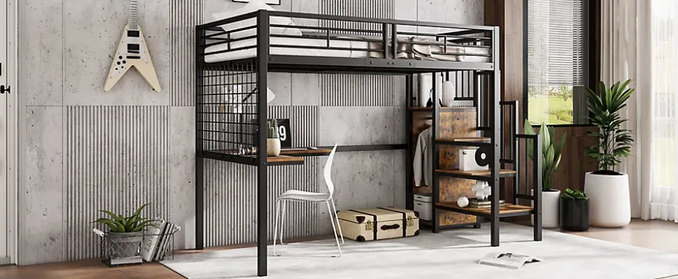 Lit superposé 90x200 cm avec armoire intégrée et échelle latérale, structure métal et MDF, noir/noyer foncé