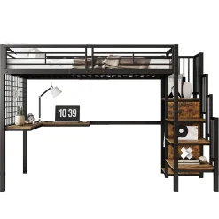 Lit superposé 90x200 cm avec armoire intégrée et échelle latérale, structure métal et MDF, noir/noyer foncé