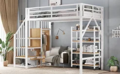 Lit superposé 90x200 cm avec armoire d'angle, étagère roulante et garde-corps, structure métal/MDF