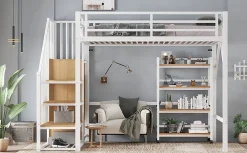 Lit superposé 90x200 cm avec armoire d'angle, étagère roulante et garde-corps, structure métal/MDF