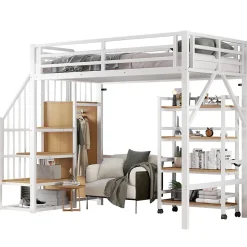 Lit superposé 90x200 cm avec armoire d'angle, étagère roulante et garde-corps, structure métal/MDF