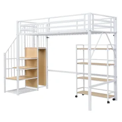 Lit superposé 90x200 cm avec armoire d'angle, étagère roulante et garde-corps, structure métal/MDF