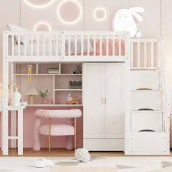 Lit superposé 90x200 cm avec armoire et bureau intégrés, escalier tiroirs en bois massif blanc, gain de place