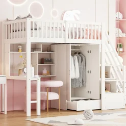 Lit superposé 90x200 cm avec armoire et bureau intégrés, escalier tiroirs en bois massif blanc, gain de place