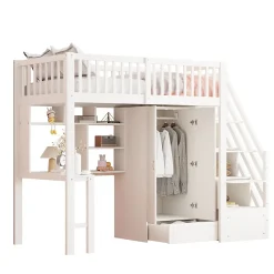 Lit superposé 90x200 cm avec armoire et bureau intégrés, escalier tiroirs en bois massif blanc, gain de place