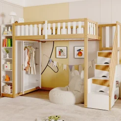 Lit superposé 90x200 cm avec armoire intégrée et échelle à tiroirs en bois massif, blanc et bois naturel