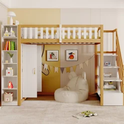 Lit superposé 90x200 cm avec armoire intégrée et échelle à tiroirs en bois massif, blanc et bois naturel