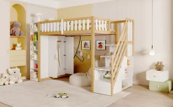 Lit superposé 90x200 cm avec armoire intégrée et échelle à tiroirs en bois massif, blanc et bois naturel