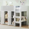 Lit superposé 90x200 cm avec armoire, étagères et échelle intégrée, structure bois massif gris