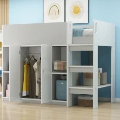 Lit superposé 90x200 cm avec armoire, étagères et échelle intégrée, structure bois massif gris