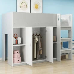 Lit superposé 90x200 cm avec armoire, étagères et échelle intégrée, structure bois massif gris