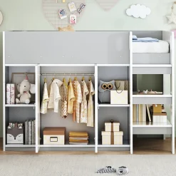 Lit superposé 90x200 cm avec armoire, étagères et échelle intégrée, structure bois massif gris