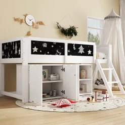 Lit superposé 90x200 cm avec armoire 2 portes, tableau à craie et échelle inclinée en pin/MDF