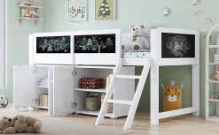 Lit superposé 90x200 cm avec armoire 2 portes, tableau à craie et échelle inclinée en pin/MDF