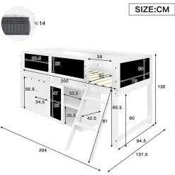 Lit superposé 90x200 cm avec armoire 2 portes, tableau à craie et échelle inclinée en pin/MDF