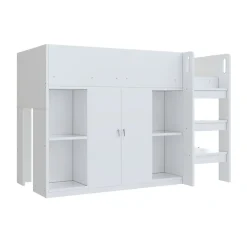 Lit superposé 90x200 cm avec armoire et étagères intégrées, échelle incluse, structure en bois massif blanc et gris