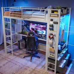 Lit superposé 90x200 cm avec bureau intégré, 4 tiroirs, étagères et LED multicolore, structure métal blanc