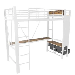 Lit superposé 90x200 cm avec bureau intégré, 4 tiroirs, étagères et LED multicolore, structure métal blanc