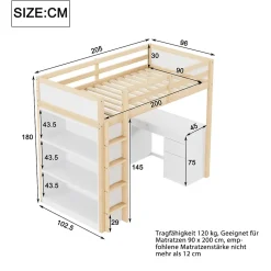Lit superposé 90x200 cm avec bureau modulable et armoire de rangement en bois naturel