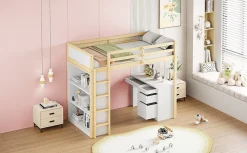 Lit superposé 90x200 cm avec bureau modulable et armoire de rangement en bois naturel