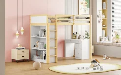 Lit superposé 90x200 cm avec bureau modulable et armoire de rangement en bois naturel