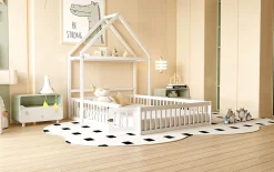 Lit superposé 90x200 cm avec bureau modulable et armoire de rangement en bois naturel