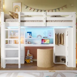 Lit superposé 90x200 cm avec bureau intégré et armoire intégrée en pin massif blanc
