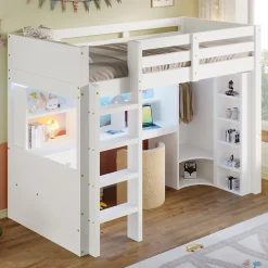 Lit superposé 90x200 cm avec bureau intégré et armoire intégrée en pin massif blanc