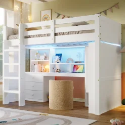 Lit superposé 90x200 cm avec bureau intégré et armoire intégrée en pin massif blanc
