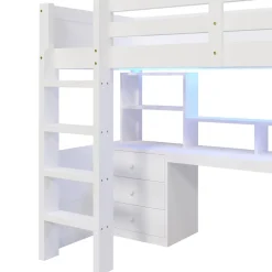 Lit superposé 90x200 cm avec bureau intégré et armoire intégrée en pin massif blanc