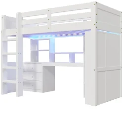 Lit superposé 90x200 cm avec bureau intégré et armoire intégrée en pin massif blanc
