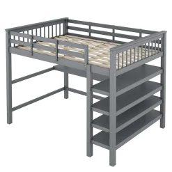 Lit superposé 140x200 cm avec bureau intégré et étagères en pin massif et MDF, finition grise, gain de place